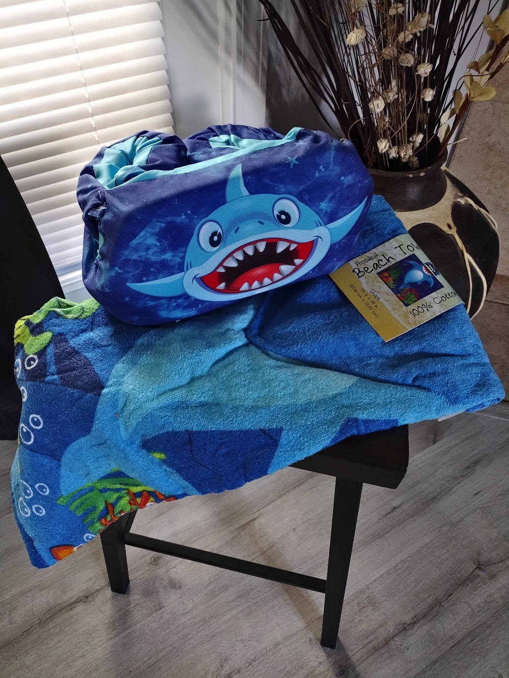 2-in-1 Kids Swim Trainer - Hooded Beach Towel Blue- Shark Print